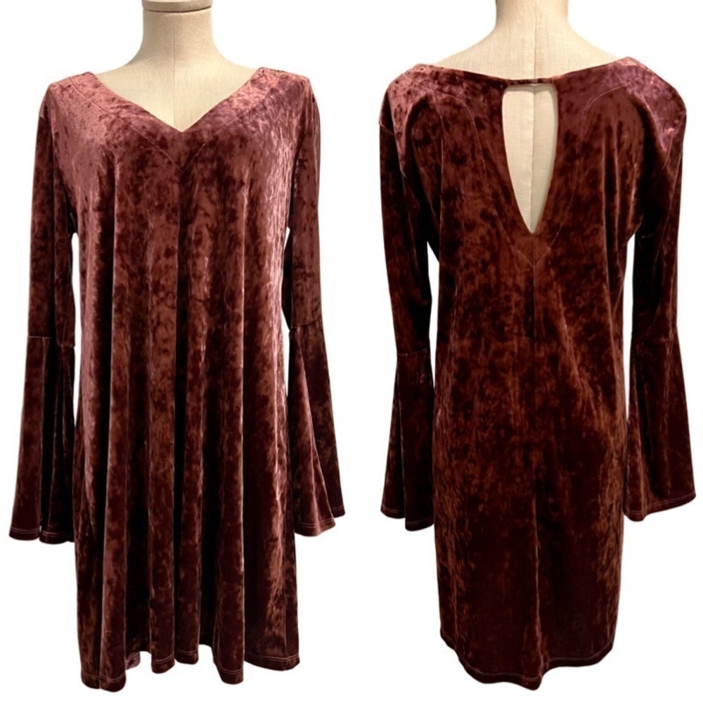 A.n.a Velvety Mauve Shift Dress with a Little Sparkle and Long Bell Sleeves.